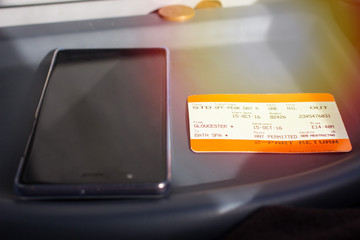 Ticket and mobile phones placed on the collection of the train journey.
