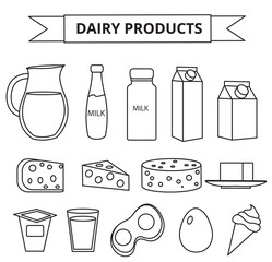 Dairy products icon set. Modern, line, outline style. Milk products isolated on white background. Milk and Cheese collection. Farm foods. Vector illustration