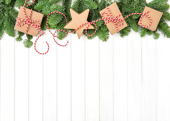 Fototapeta na wymiar Christmas tree branches decorations gifts