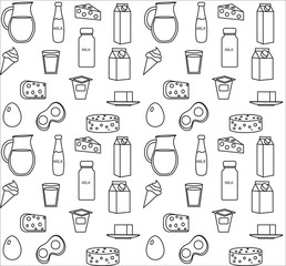 Dairy product seamless pattern. Modern, line, outline style. Milk products background. Milk and Cheese texture. Farm Foods endless backdrop. Vector illustration