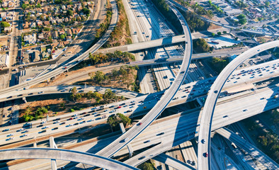 Aerial view of a freeway intersection in Los Angeles