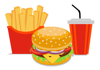 Burger Fries Cola set of fast food vector illustration, isolated on white background. template element for restaurant menu. office rush life style.