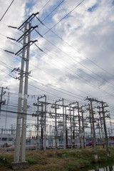 .High Voltage Substation The sun shone through the clouds thicke