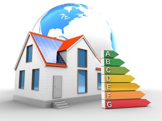 3d illustration of modern house over white background with world globe and efficient ranks