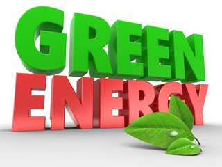 3d illustration of green energy sign over white background with leaf