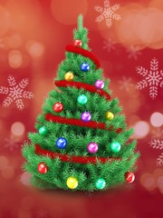 3d illustration of Christmas tree over red and snow background with red tinsel and colorful balls