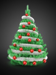 3d illustration of Christmas tree over gray background with tinslel and red balls