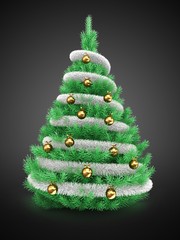 3d illustration of Christmas tree over gray background with tinslel and golden balls