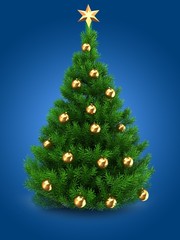3d illustration of green Christmas tree over blue background with golden star and golden balls
