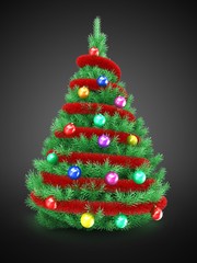 3d illustration of Christmas tree over gray background with red tinsel and colorful balls