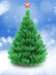 3d illustration of Christmas tree over snow background with red star