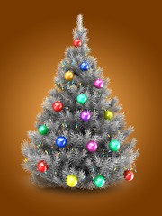 3d illustration of silver Christmas tree over orange background with lights and colorful balls