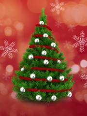 3d illustration of green Christmas tree over red and snow background with red tinsel and silver balls