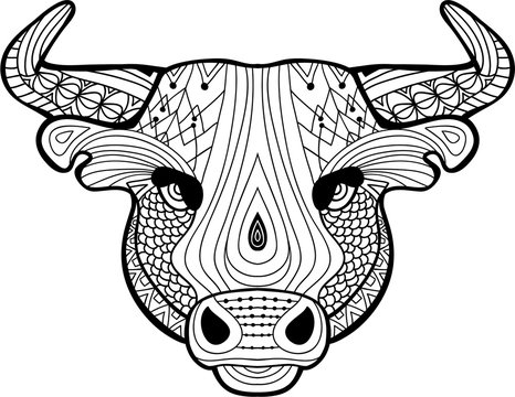 The head of a Buffalo with tribal patterns. Monochrome illustration on white background.
Coloring page antistress. Line art