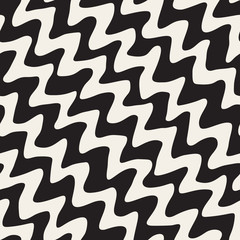 Vector Seamless Black and White Hand Drawn Diagonal Wavy Zigzag Lines Pattern