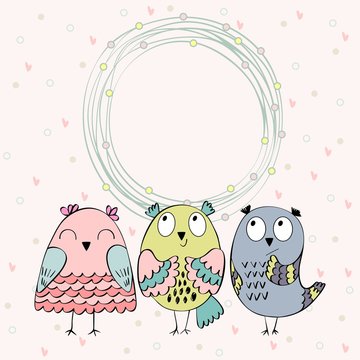 Frame with cartoon owls in light colors.