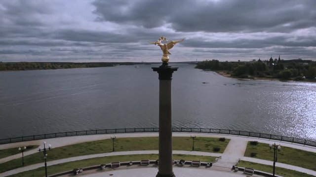 Aerial view monument to the 1000 anniversary of Yaroslavl on the Strelka park