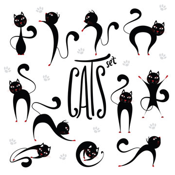Cute stylized black cats set in various positions. Lettering ins