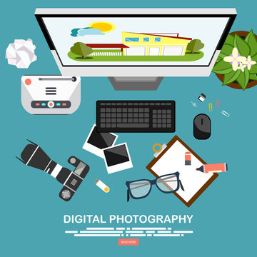 Photography equipment with photo camera on a table.Vector illustration in a flat style.