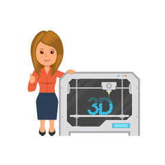 Isolated woman with three D printer. The printing process on the 3D printer. Modern technology 3d printing in flat style. Vector illustration for website or infographic.