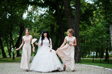 Fototapeta na wymiar Fine bride with bridesmaids at beige dress at path on park with
