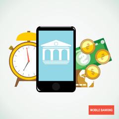 Mobile banking concept icon. Bank in smartphone with money. Flat vector illustration