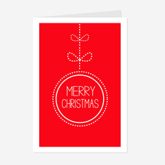 Hanging dash line Merry Christmas ball with bow. Greetinh Card. Red background. Flat design.