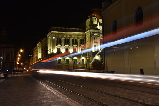 a tram at night