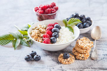 cottage cheese, muesli and fresh fruit for breakfast, selective focus