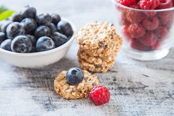 cottage cheese, muesli and fresh fruit for breakfast, selective focus