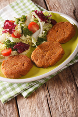 Diet Food: Carrot cutlets with fresh vegetable salad close-up. vertical