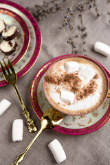 Breakfast with coffee and dessert marshmallow rustic