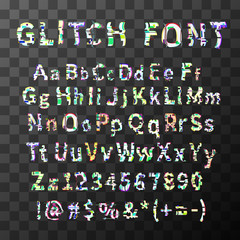 Glitch distortion font. Latin letters and numbers.