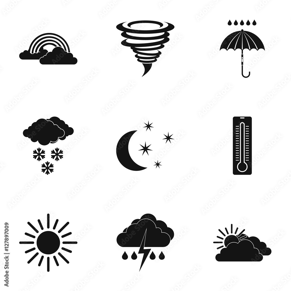 Poster kinds of weather icons set. simple illustration of 9 kinds of weather vector icons for web