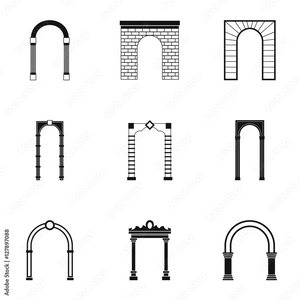 Poster arched openings icons set. simple illustration of 9 arched openings vector icons for web