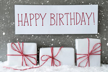 White Gift With Snowflakes, Text Happy Birthday