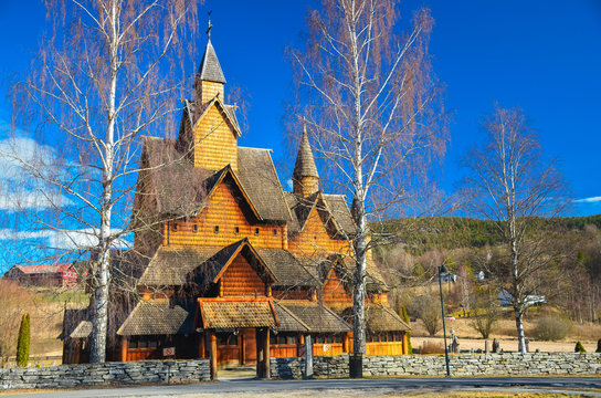 Famous wooden steve church in Heddal, Norway. Original wallpaper of the building, which is part of unesco