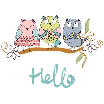 illustration with cartoon owls sitting on the branches