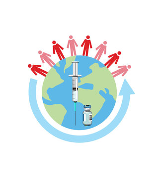 Vector image of a vaccine bottle and syringe on a globe with people and an arrow