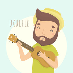 Happy guy with ukulele. Cartoon character.