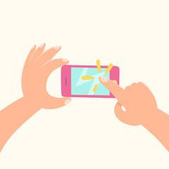 Obraz premium Cartoon ands holding phone and tapping. Smartphone.