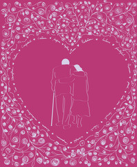 Older couple line art with heart frame hand drawn on pink background | sweet romantic illustration for valentine senson