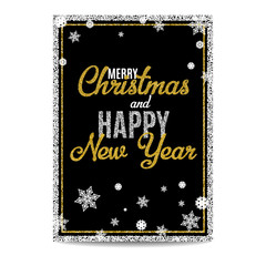 Merry Christmas greeting card. Black background. Golden and silver text. Snowflakes and frames. Glitter sequins. Flyer and banner design template. Vector EPS10 illustration.