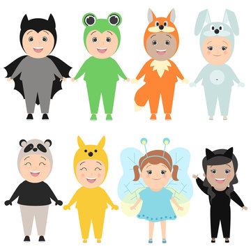 Children in costumes of animals. Carnival costumes, hare, fox, butterflies, cats, pandas, frogs. Vector cartoon set