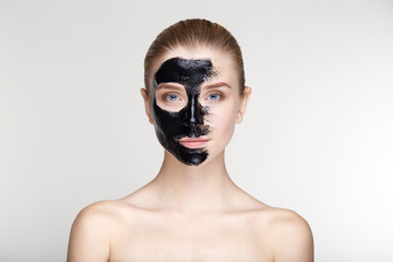 Beauty portrait woman skin care health black mask white background close up
