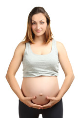 Young happy pregnant woman, isolated on white background