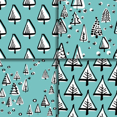 Set scandinavian seamless pattern of Christmas tree vector hand-drawing graphics.