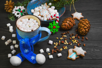 Christmas homemade gingerbread cookies and hot chocolate with ma