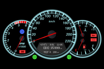 Speedometer. Sport car black dashboard. Car computer