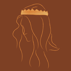 Abstract woman wear crown line art on brown background | traditional illustration